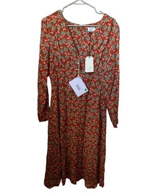 PROGETTO QUID Women’s Rust Coral Olive Gold Floral V-Neck Long Sleeve Maxi Dress